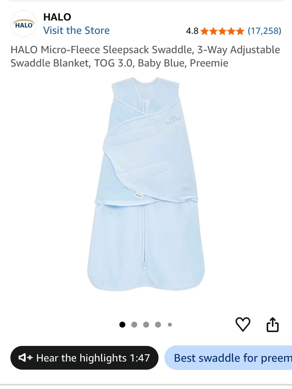 Halo Baby Fleece Swaddle Sleep Sack in Light Blue - Preemie